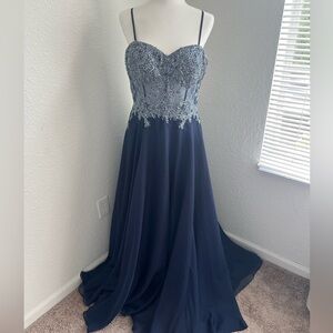 Navy Blue Sequin Floral Embellished Corset Gown